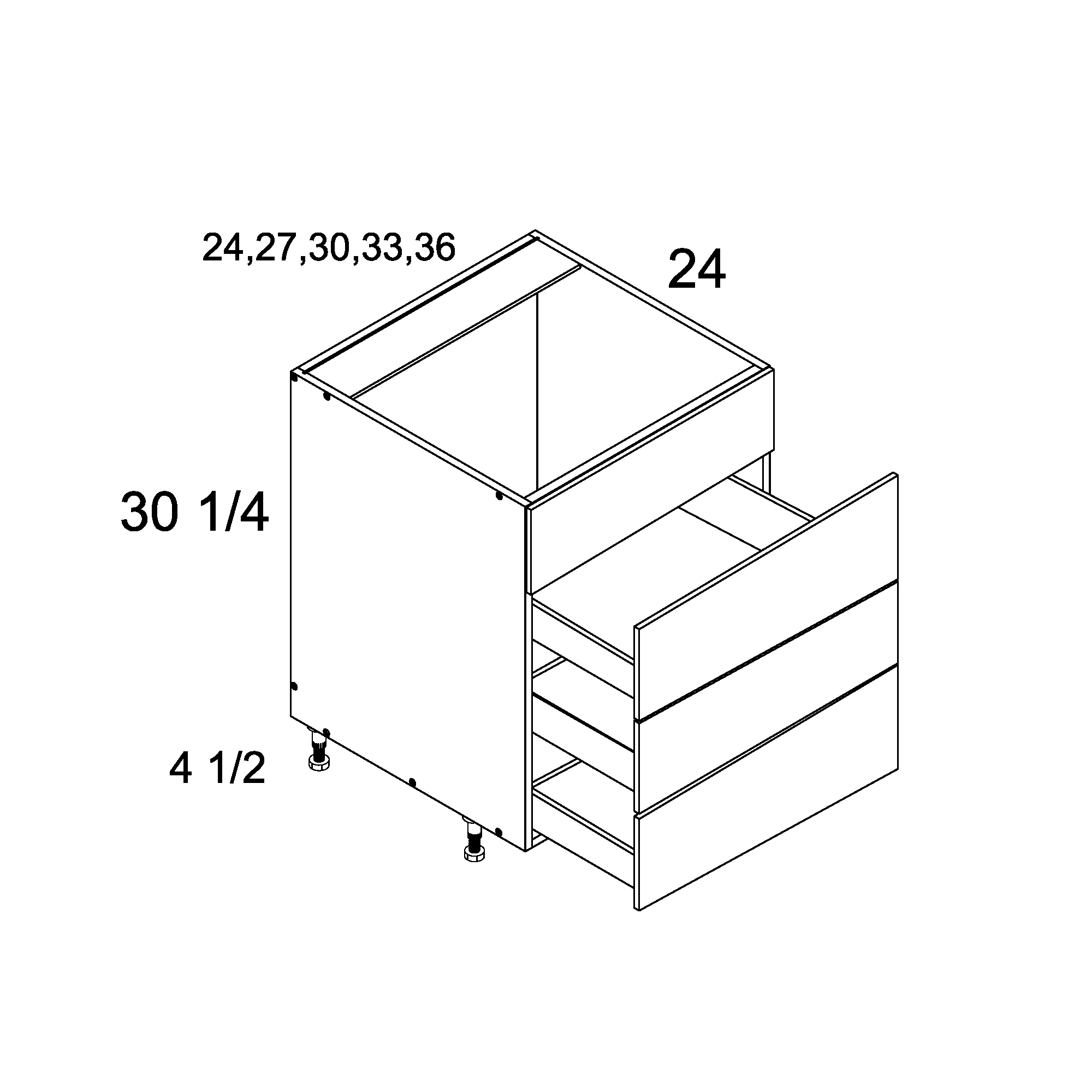 US CABINETS-ALPINE -TORINO-WHITE PINE-WHITE -THREE -DRAWER -WITH -ONE -FALSE -FRONT -RANGE -BASES