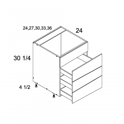 US CABINETS-ALPINE -TORINO-DARK WOOD-WHITE -THREE -DRAWER -WITH -ONE -FALSE -FRONT -RANGE -BASES